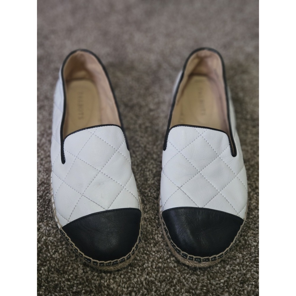 TALBOTS WHITE/BLACK 8.5M IZZY QUILTED SOFT NAPPA ESPADRILLE LEATHER FLAT SHOES - Picture 1 of 5